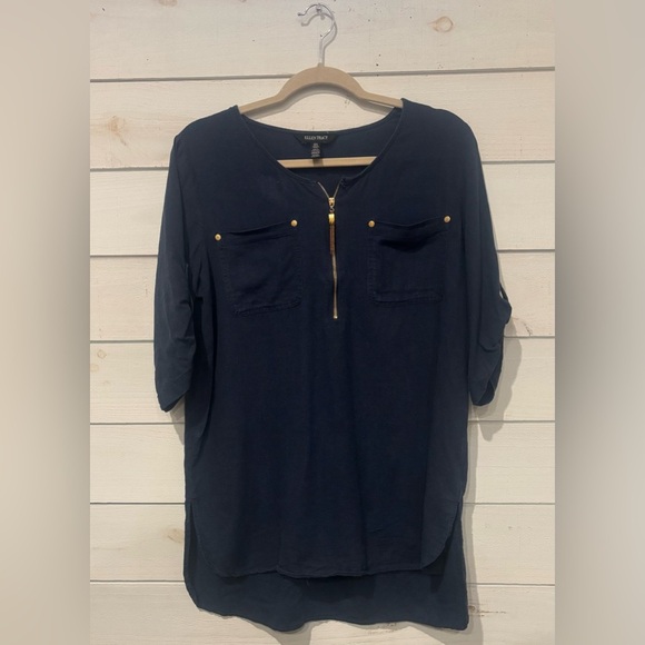 Ellen Tracy Dark Blue Blouse with Gold Details - Picture 1 of 12